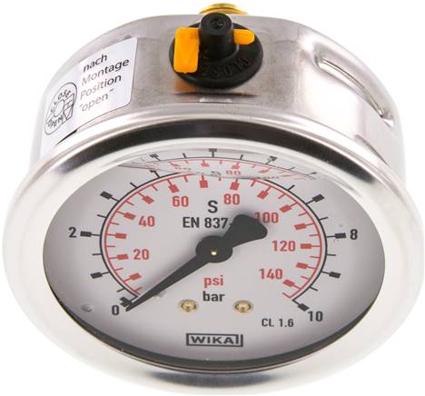 Glycerin-Manometer waagerecht (CrNi/Ms),63mm, 0 - 10bar