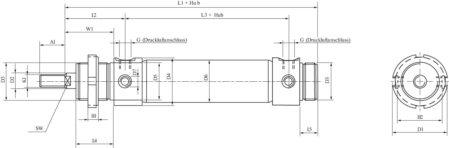 Rundzylinder, Kolben 32 mm, Hub 125 mm, Typ DSWPVM 32/125