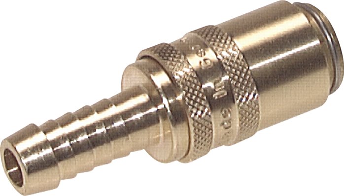 Temperier-Schnellkupplung (Winkel 90°) 9mm Zapfen, 9 (3/8")mm Schlauch, Edelstahl, für Stecker beidseitig absperrend