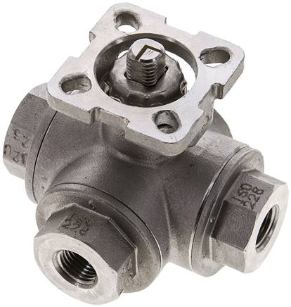 3-Wege-Kugelhahn, Direktmontageflansch G 1/4", L-Bohrung, Edelstahl 1.4408