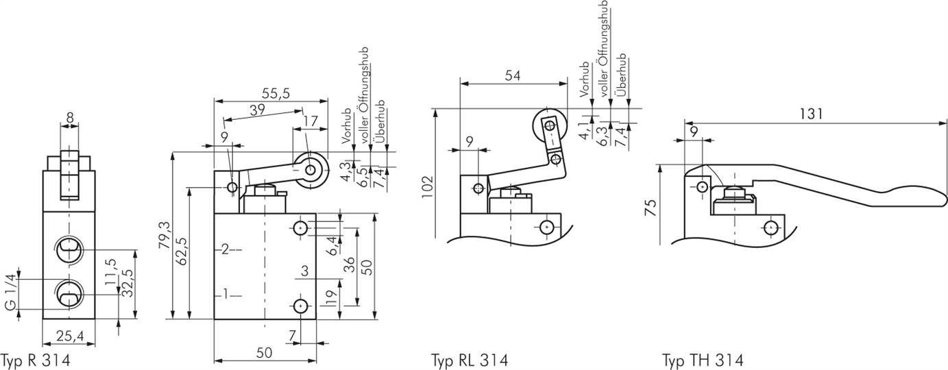 3/2-Wege (NC/NO) Ventil mit Tasthebel, G 1/4"