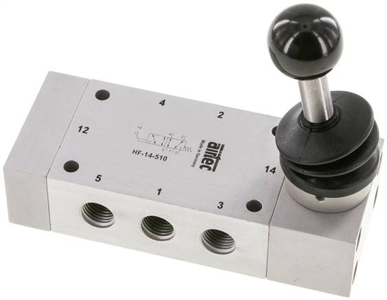 5/2-Wege Handhebelventil, Federrückstellung, G 1/4", Handhebel: Edelstahl