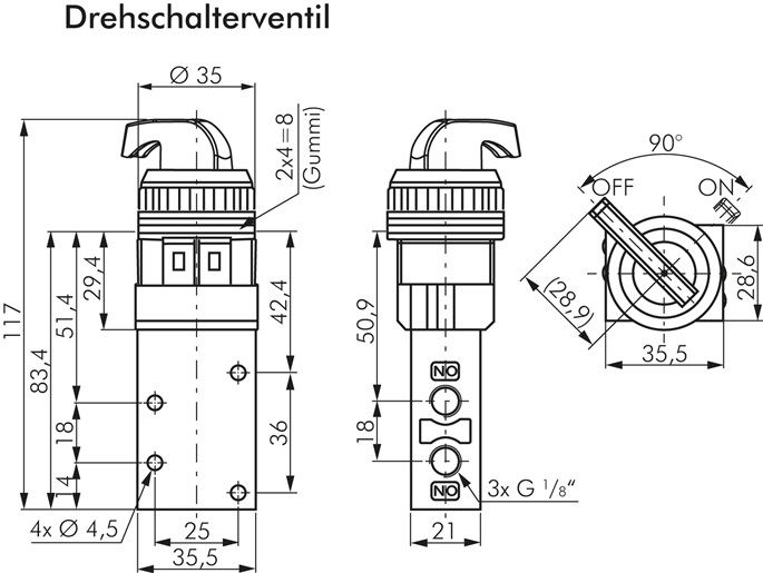 3/2-Wege Ventil G 1/8", Drehschalter schwarz
