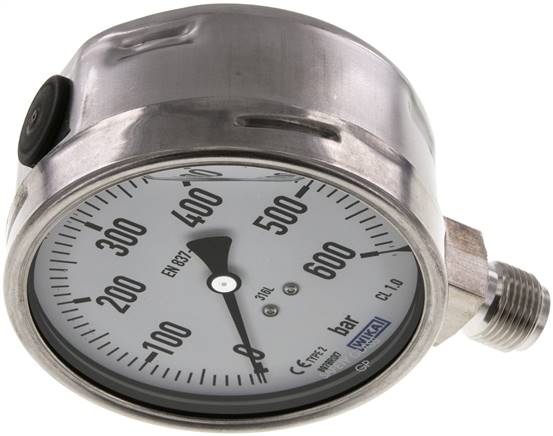 Chemie-Glycerin-Manometer senkrecht,100mm, 0 - 600 bar