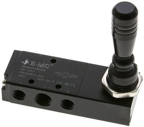 5/3-Wege Handhebelventil, G 1/4", Mittelstellung geschlossen, Federrückstellung, H 532-08 CS
