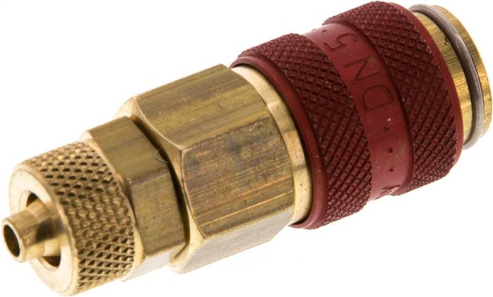 Schnellkupplung (NW5) 6x4mm Schlauch, Messing, für Stecker beidseitig absperrend, rot