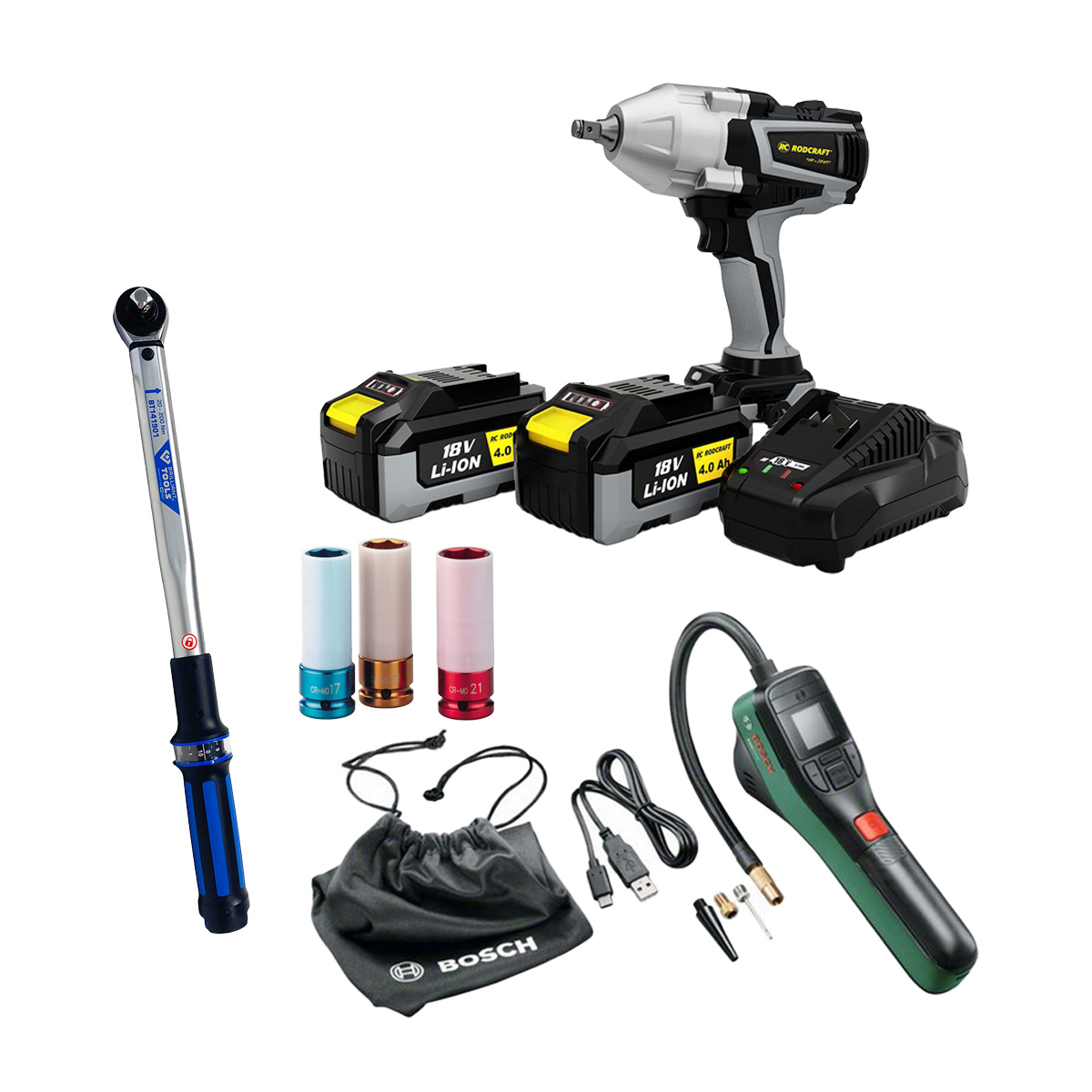 AKTION Reifenwechsel Set: Rodcraft Schlagschrauber  "eBeast" + BOSCH EasyPump + AGRE 1/2"-Steckschlüssel-Set + KS Tools Drehmomentschlüssel G1/2"