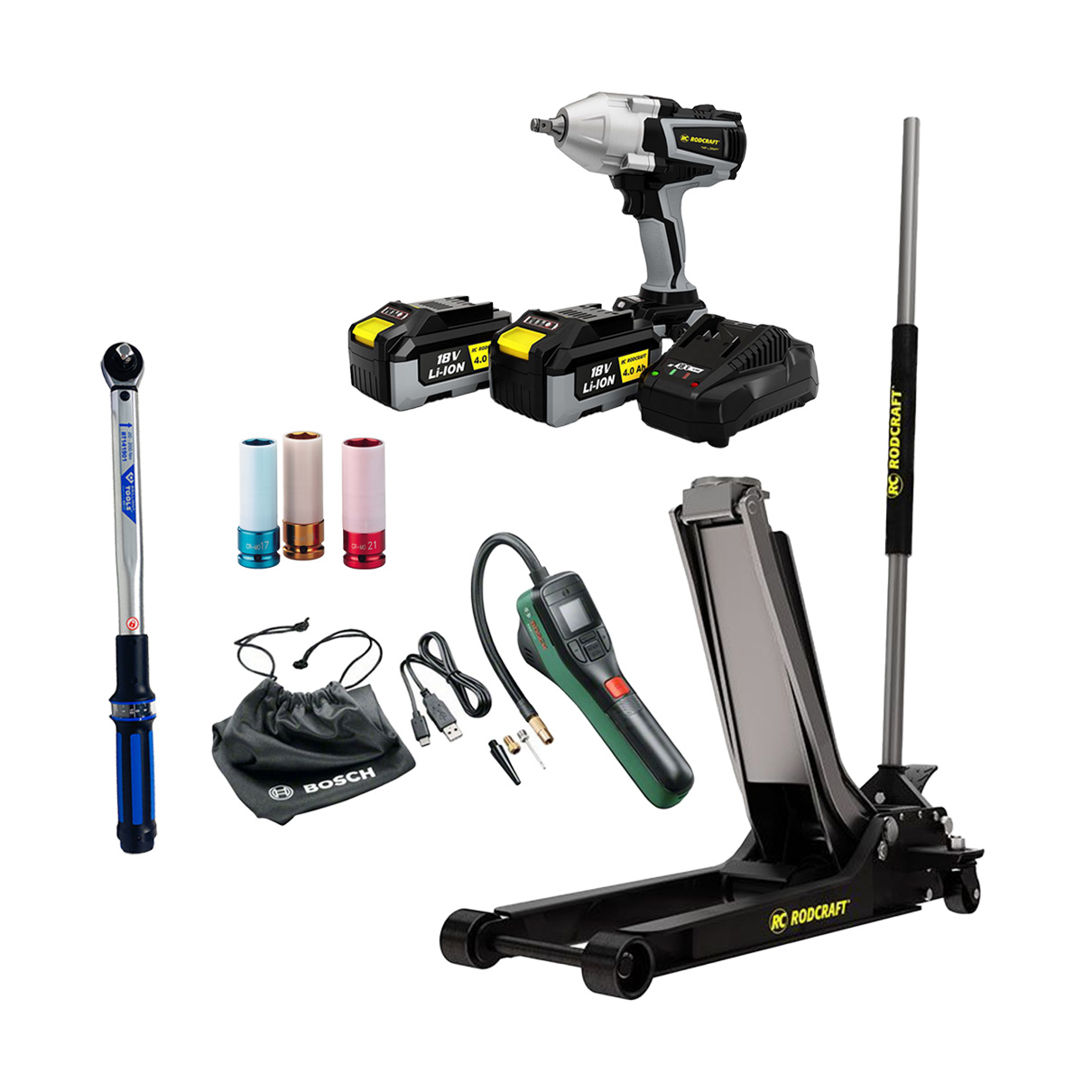 AKTION Reifenwechsel Set: Rodcraft Schlagschrauber  "eBeast" + BOSCH EasyPump + AGRE 1/2"-Steckschlüssel-Set + KS Tools Drehmomentschlüssel G1/2"