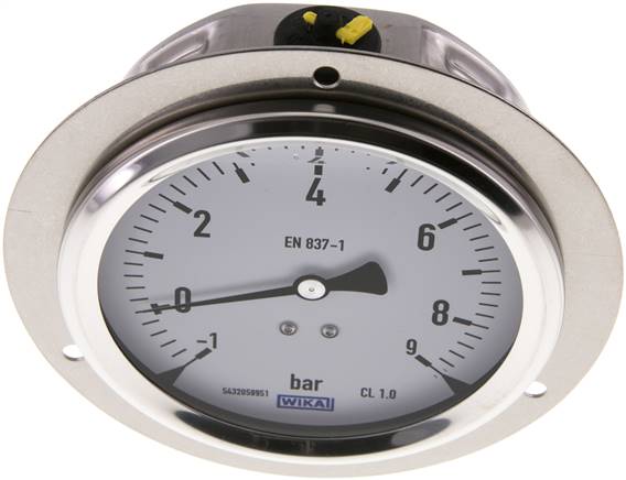 Glycerin-Einbaumanometer,Frontring, 100mm, -1 bis 9 bar