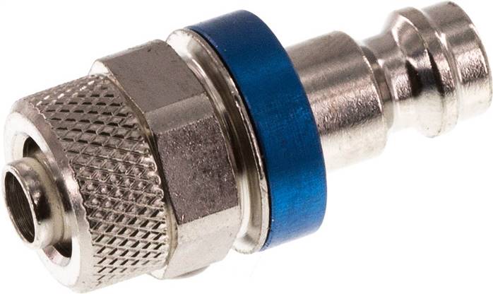 Kupplungsstecker (NW5) 8x6mm Schlauch, Messing vernickelt, blau