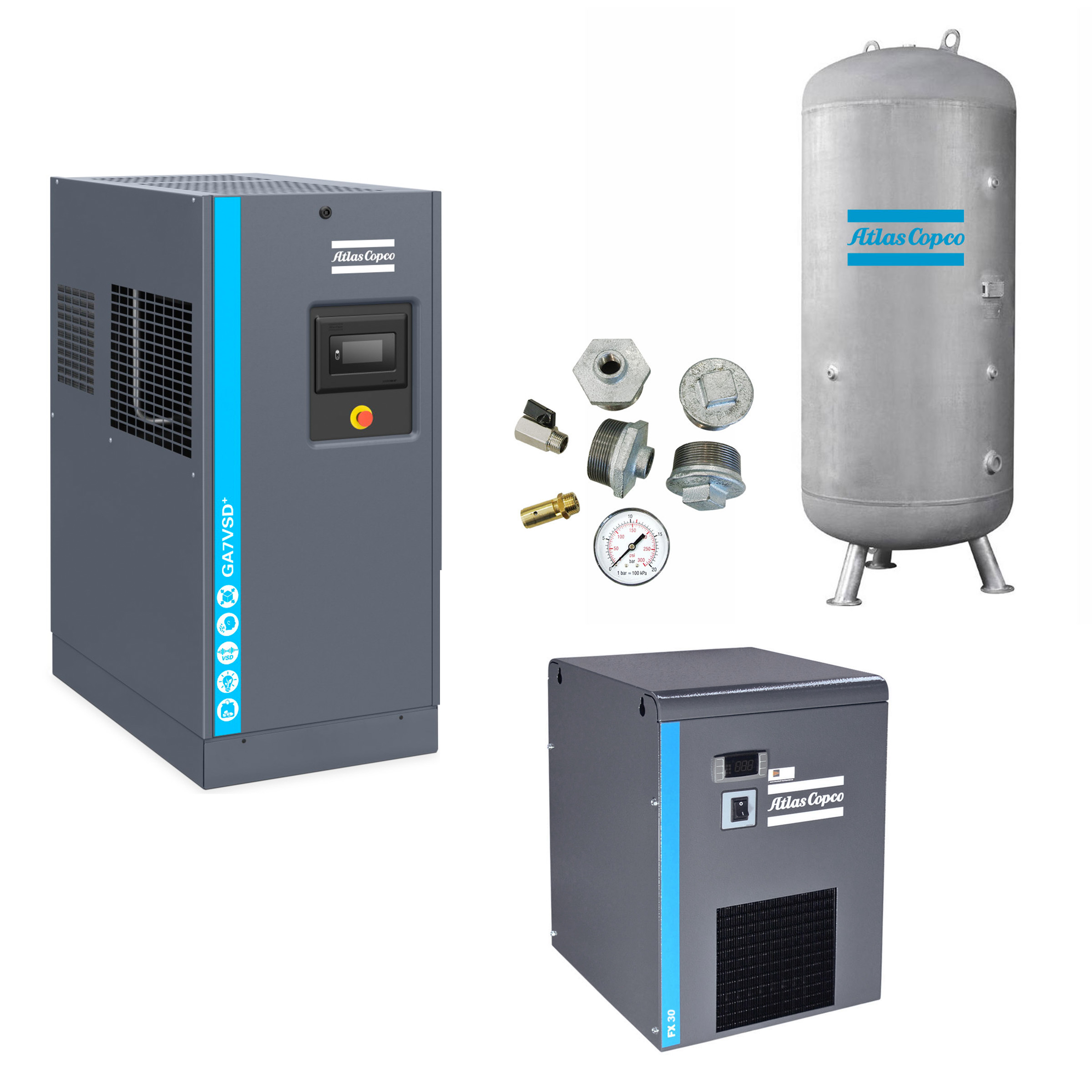 Offerta speciale Compressore a vite Atlas Copco GA 7 VSD+ P con essiccatore a refrigerazione e ricevitore di aria compressa - sistema nuovo pronto per il collegamento