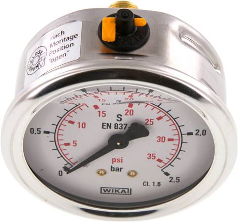 Glycerin-Manometer waagerecht (CrNi/Ms),63mm, 0 - 2,5bar