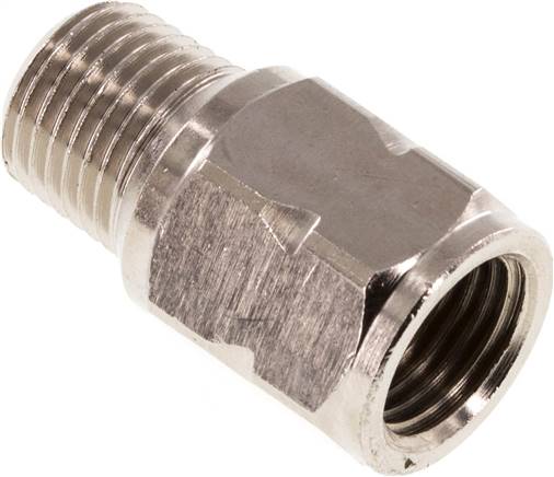 Mini-Rückschlagventil R/Rp 1/4" (AG/IG), Messing vernickelt, Dichtung FKM, ohne Feder