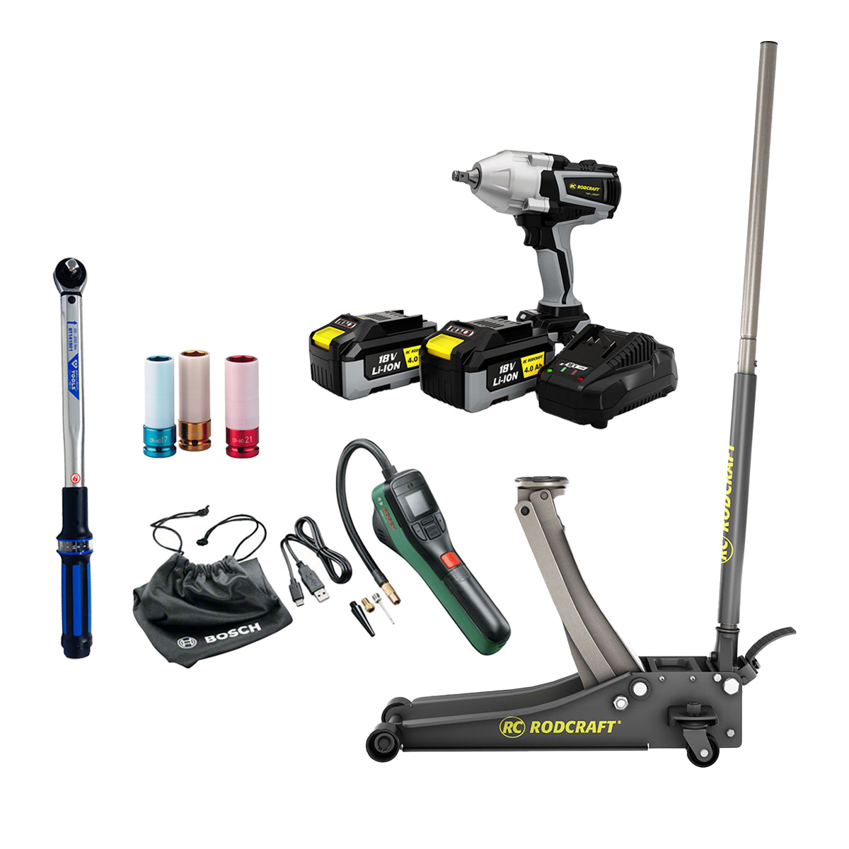 AKTION Reifenwechsel Set: Rodcraft Schlagschrauber  "eBeast" + BOSCH EasyPump + AGRE 1/2"-Steckschlüssel-Set + KS Tools Drehmomentschlüssel G1/2"