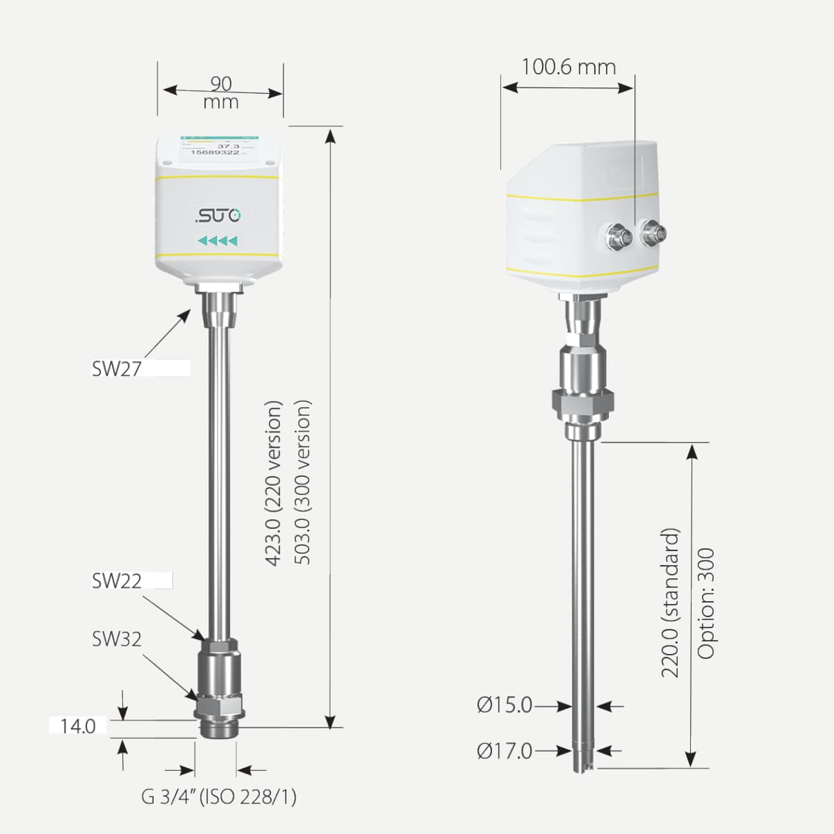 S430 Pitotrohr-Durchflussmesser feuchte Druckluft, Einstechsensor 220 mm, Modbus/RTU