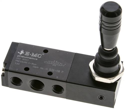 5/3-Wege Handhebelventil, G 1/4" (Abluft G 1/8"), Mittelstellung belüftet, Raste