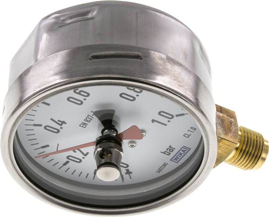Manometer senkrecht (CrNi/Ms), 100mm, 0 - 1 bar, mit rückstellbarem Schleppzeiger