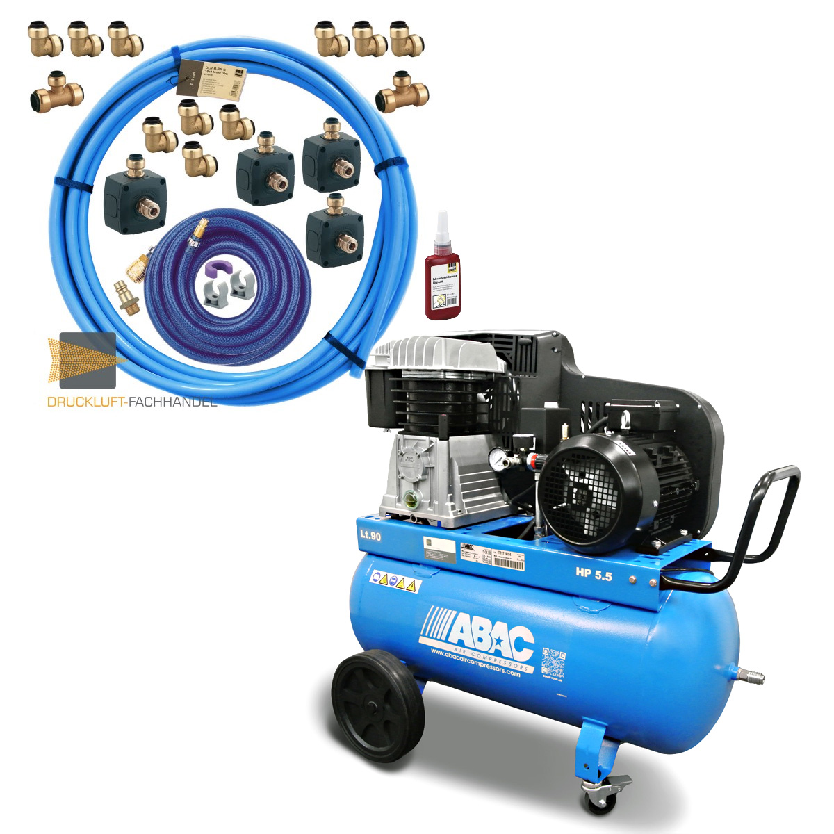 AKTION KOMBI STARTER-SET: ABAC Kompressor B 5900B/90 CT5 5 400 RFT + Rohrleitung-Set mit Zubehör 25m x 22mm