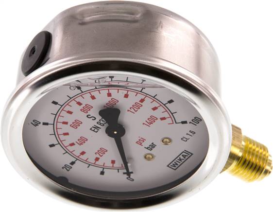 Glycerin-Manometer senkrecht (CrNi/Ms), 63mm, 0 - 100 bar