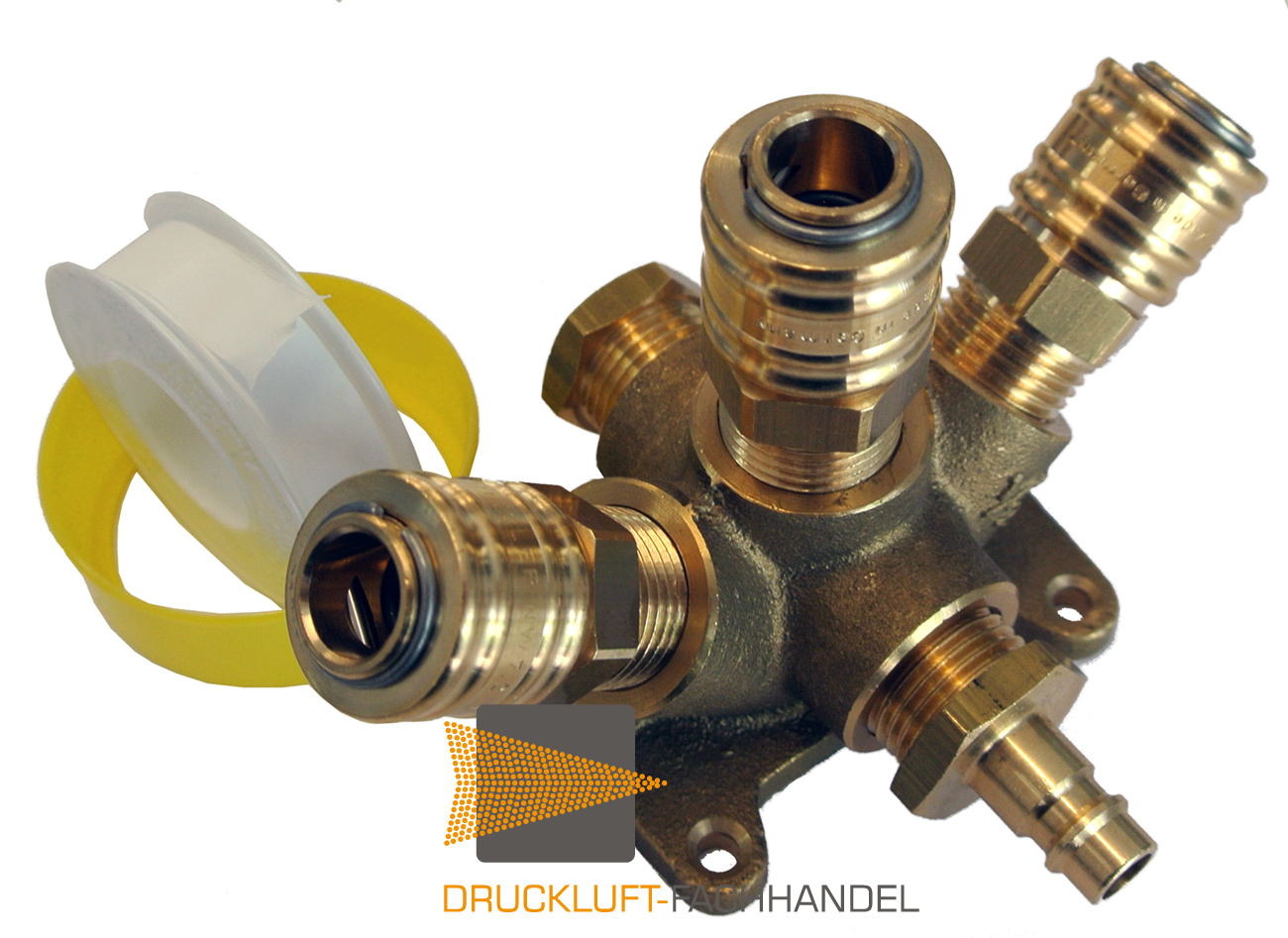 Druckluftverteiler Wanddose 5x G 1/2 / Messing + 3 Kupplung / 1 x Nippel NW 7,2 + Zubehör