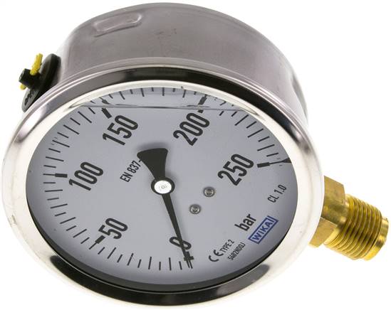 Glycerin-Manometer senkrecht (CrNi/Ms),100mm, 0 - 250 bar