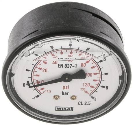 Glycerin-Manometer waagerecht (KU/Ms), 63mm, -1 bis 9 bar