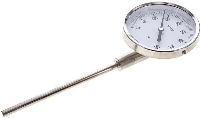 Bimetallthermometer, senkrecht D100/0 bis +80°C/63mm, Edelstahl