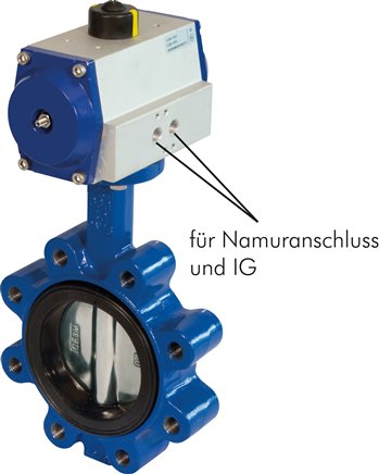 Pneum. Anflanschklappe DN100-PN16 (DIN/EN) GGG40/GGG40 epoxidbeschichtet/NBR,  Feder-schließend