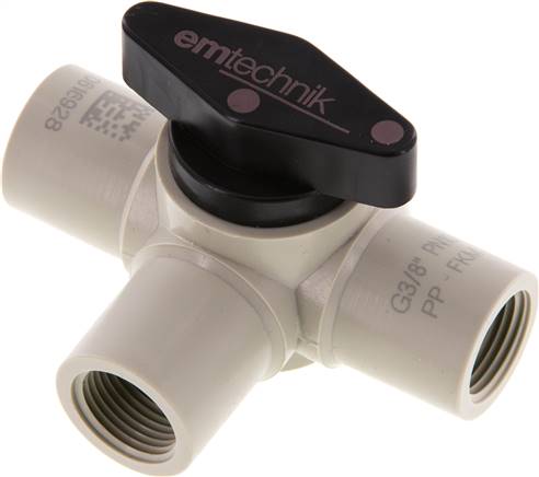 3-Wege Kugelhahn, Polypropylen, G 3/8", PN 10, L-Bohrung (horizontal)