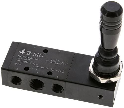 5/3-Wege Handhebelventil, G 1/4", Mittelstellung entlüftet, Raste, H 532-08 E