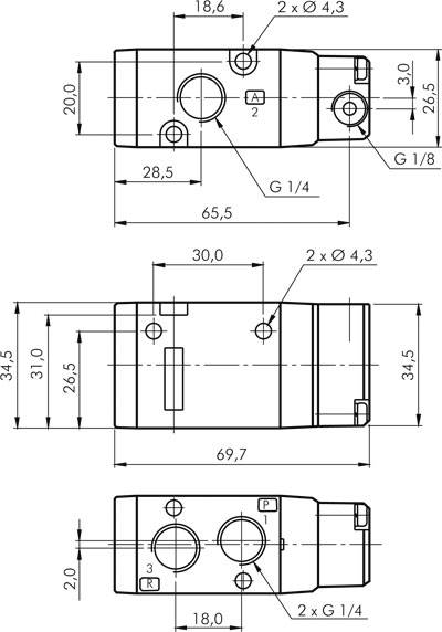 3/2-Wege Pneumatikventil, G 1/4" (Pilot G 1/8"), Federrückstellung (NC)