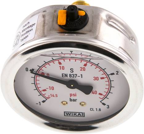 Glycerin-Manometer waagerecht (CrNi/Ms),63mm, -1 bis 3bar
