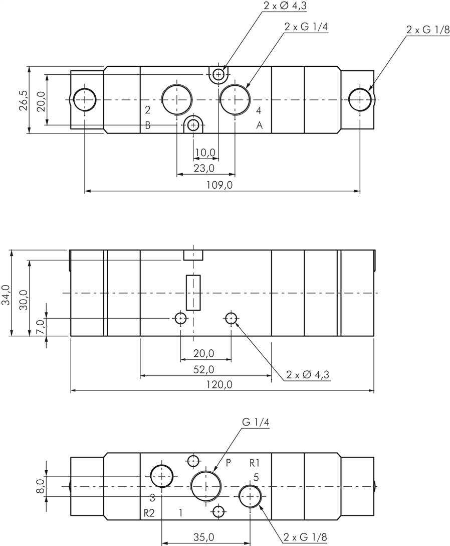 5/3-Wege Pneumatikventil, G 1/4" (Pilot u. Abluft G 1/8"), Mittelstellung belüft