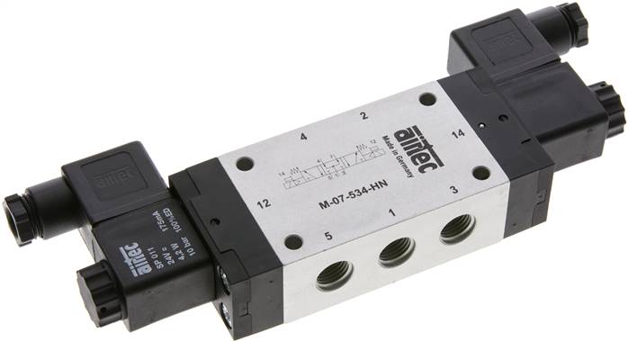 5/3-Wege Magnetventil, G 1/4", Mittelstellung belüftet, 12 V=