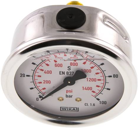Glycerin-Manometer waagerecht (CrNi/Ms),63mm, 0 - 100bar
