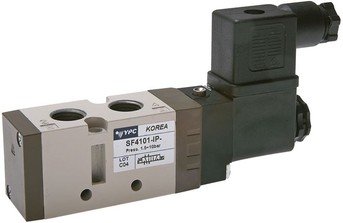 5/2-Wege Magnetventil, G 1/4" (Abluft G 1/8"), Federrückstellung, 230 V AC