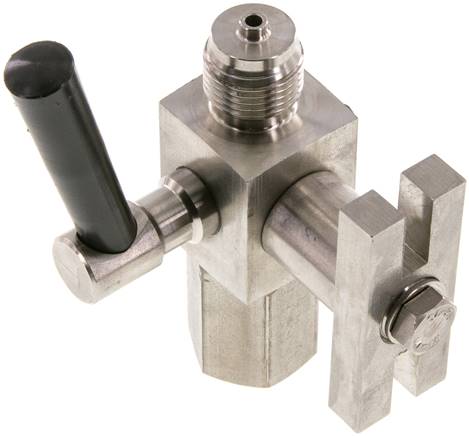 Manometer-Absperrhahn G 1/2" Spannmuffe - Zapfen, 1.4571, Prüfanschluss 	60 x 25 x 10