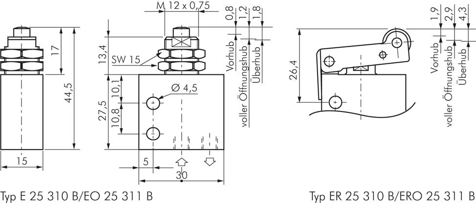 3/2-Wege (NC) Endschalter mit Nocke, M 5, Breite 4mm