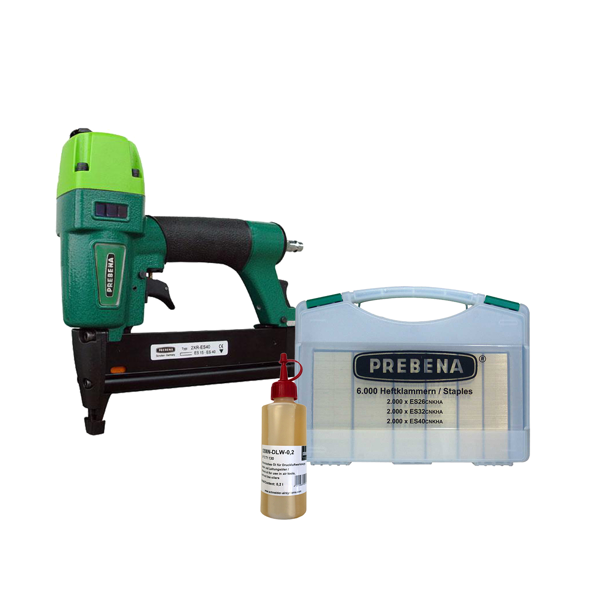 AKTION Prebena Druckluftnagler 2XR-ES40 + ES-Box + Spezial-Öl für Druckluftwerkzeuge