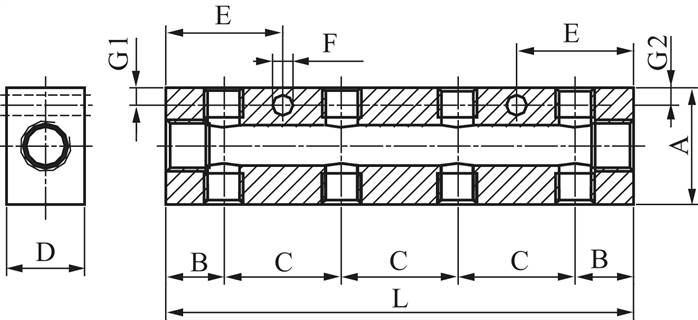 Verteilerleiste 2 x G 1/8"-12 x M 5, Aluminium eloxiert, doppelseitig