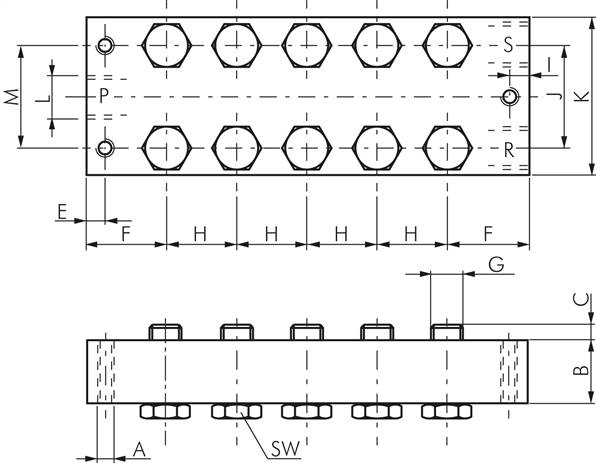 P-R-S-Leiste inkl. Hohlschrauben und Dichtungen für Ventilbaureihe M04 / P04 R 283/10