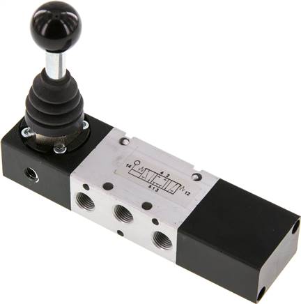 5/3-Wege Handhebelventil, G 1/8", Mittelstellung geschlossen, Federrückstellung, -0,95 bis 10 bar