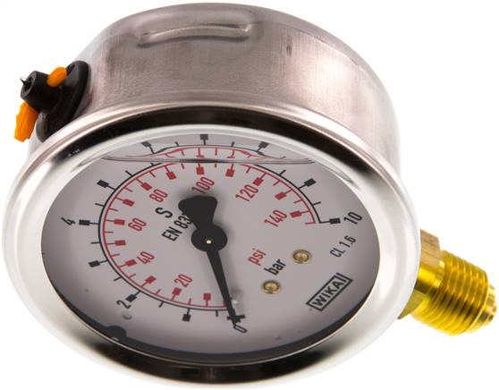 Glycerin-Manometer senkrecht (CrNi/Ms), 63mm, 0 - 10 bar