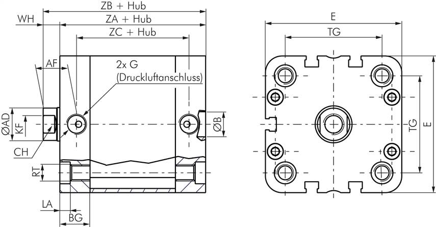 ISO 21287-Zylinder, doppeltw., Kolben 100mm, Hub 250mm, Kolbenstange AG
