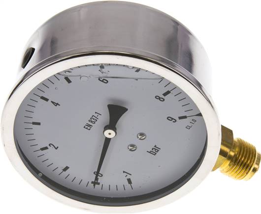 Glycerin-Manometer senkrecht (CrNi/Ms),100mm, -1 bis 9 bar -Eco-Line