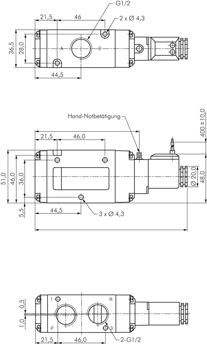 3/2-Wege Magnetventil, G 1/2", Federrückstellung (NO), 24 V=