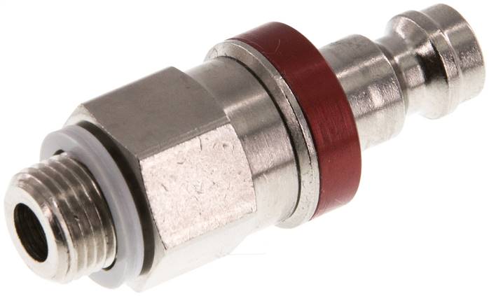 Kupplungsstecker (NW5) G 1/8"(AG), Messing vernickelt, beidseitig absperrend, rot