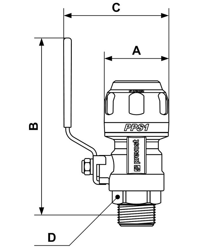 PREVOST-KUGELHAHN MIT AUSSENGEWINDE für Rohr mit außen-Ø = 16 AG BSPT = R 1/2 AG NPT =