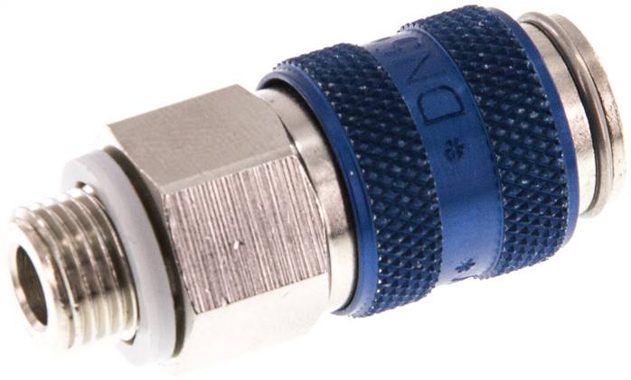 Schnellkupplung (NW5) G 1/8"(AG), Messing vernickelt, für Stecker beidseitig absperrend, blau