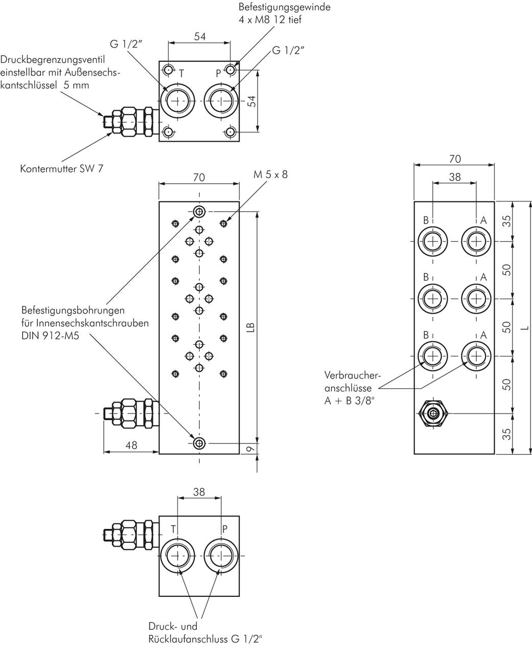Anschlussplatte NG 6, 3-fach, mit Druckbegrenzungsventil